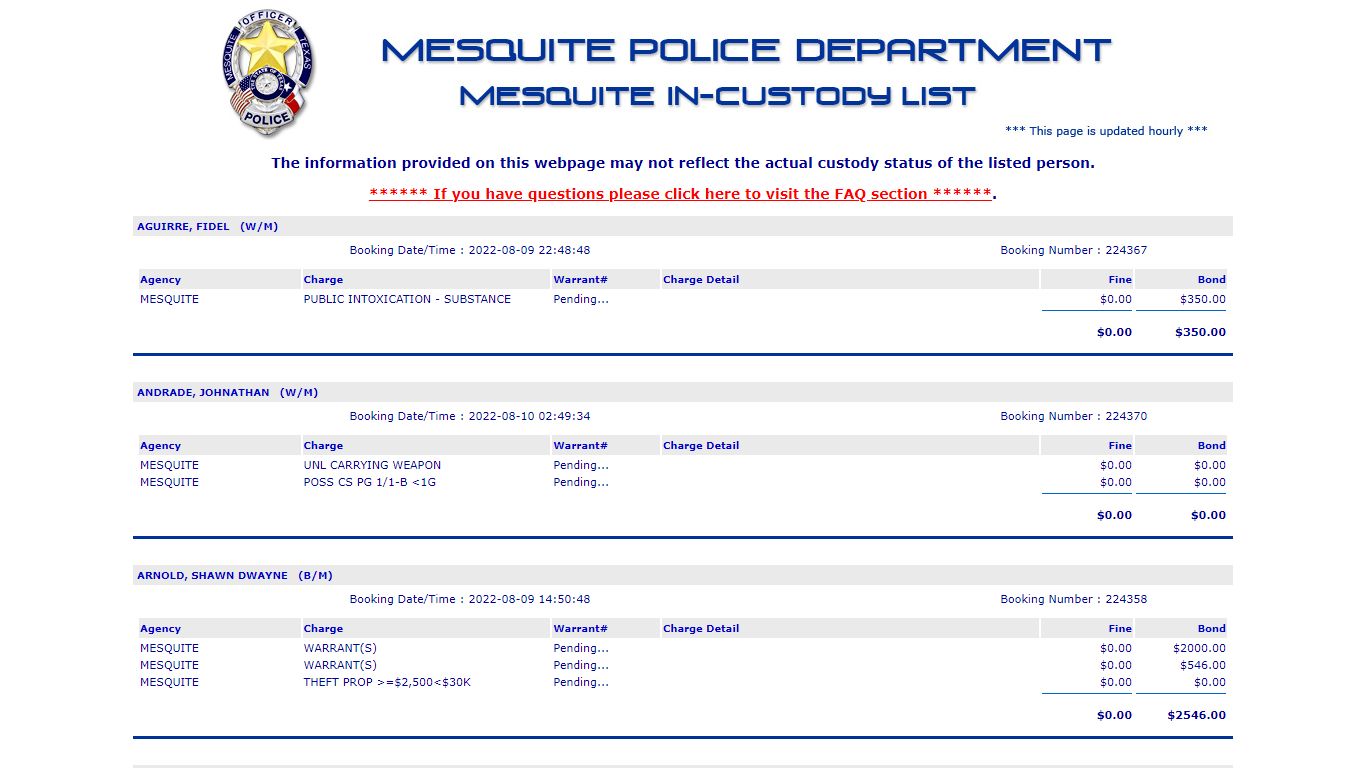 Jail List - Mesquite Police Department